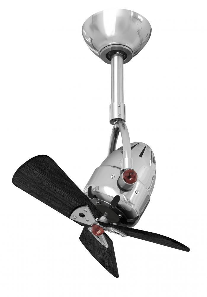 Diane oscillating ceiling fan in Polished Chrome finish with solid matte black wood blades.