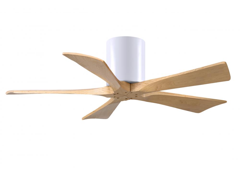 Irene-5H three-blade flush mount paddle fan in Matte White finish with 42” Light Maple tone blad