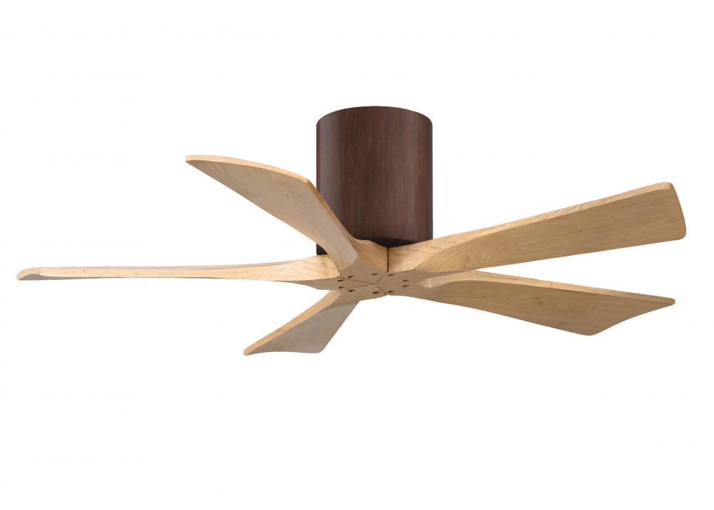 Irene-5H three-blade flush mount paddle fan in Walnut finish with 42” Light Maple tone blades. 