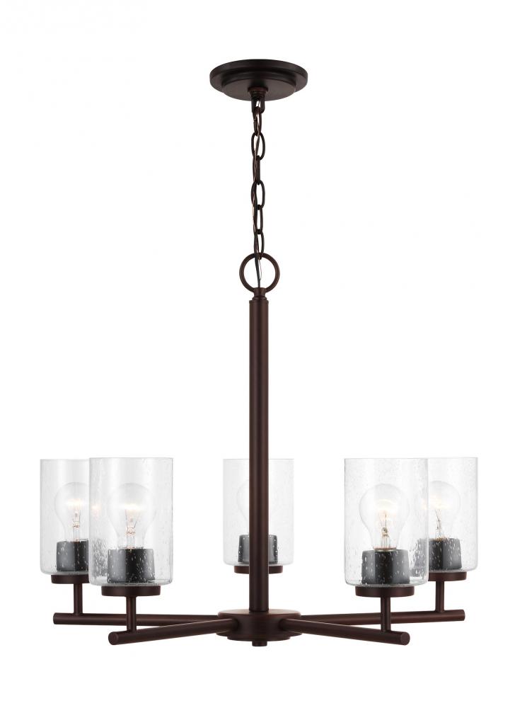 Oslo indoor dimmable 5-light chandelier in a bronze finish with a clear seeded glass shade