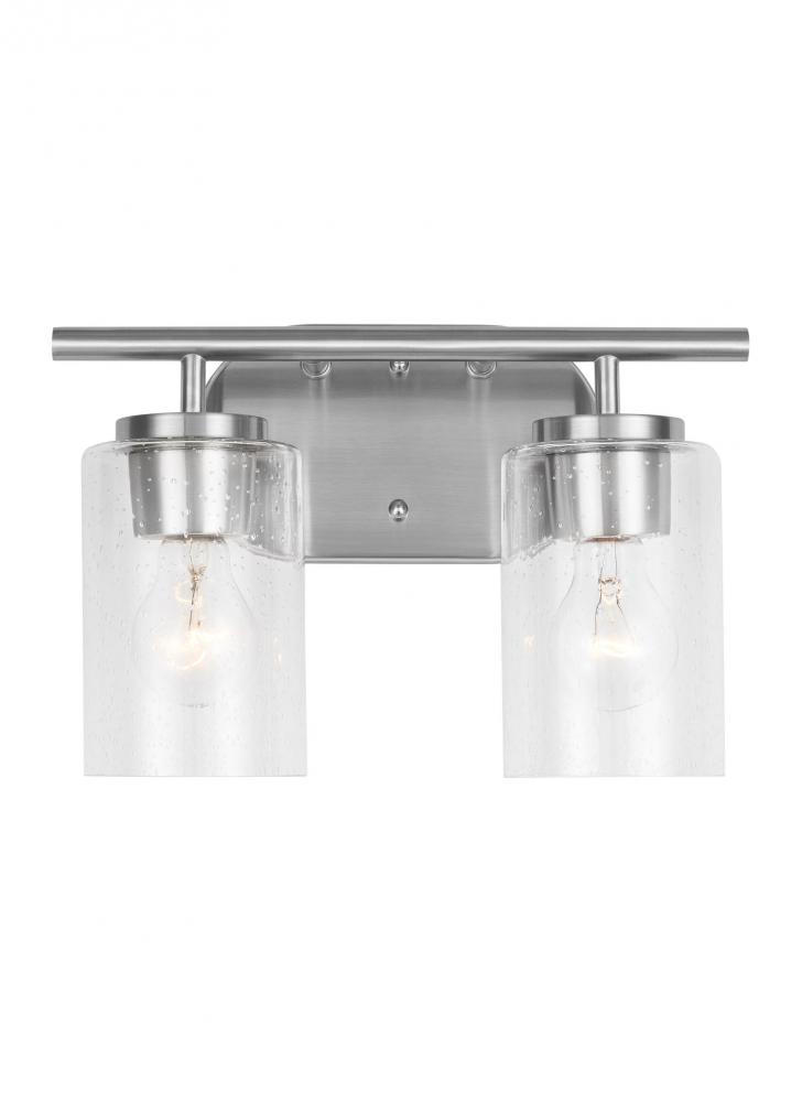 Oslo dimmable 2-light wall bath sconce in a brushed nickel finish with clear seeded glass shade