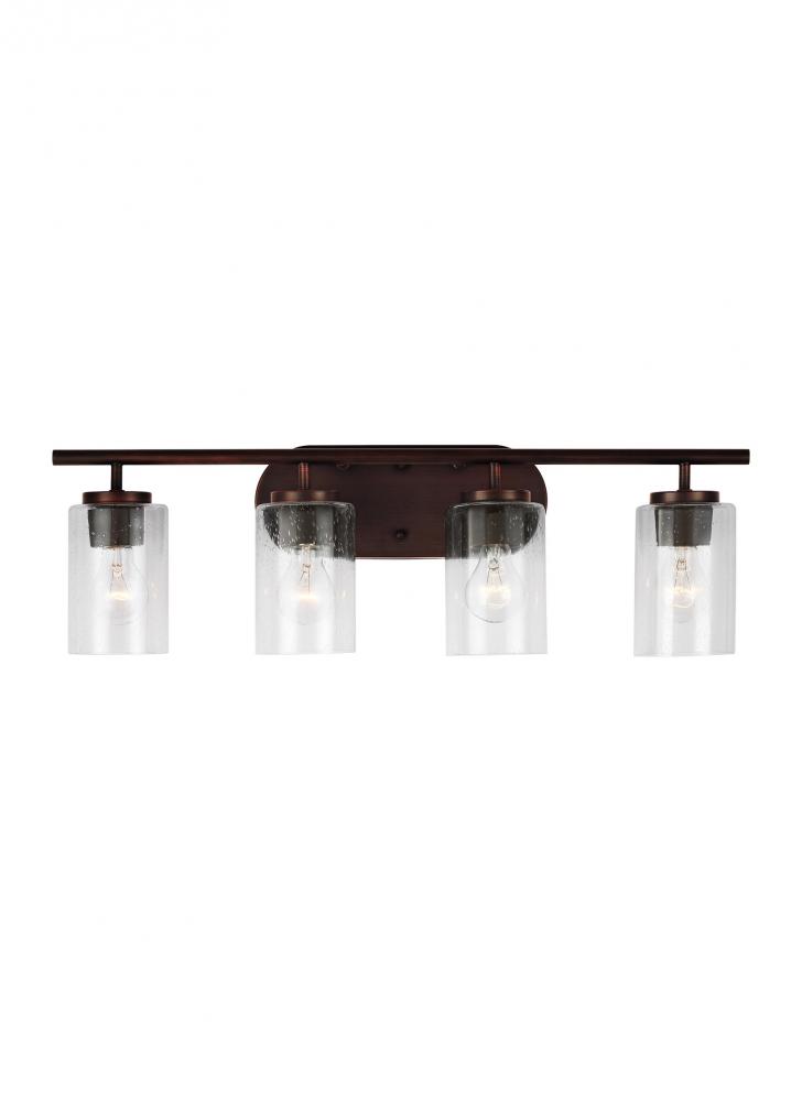 Oslo dimmable 4-light wall bath sconce in a bronze finish with clear seeded glass shade