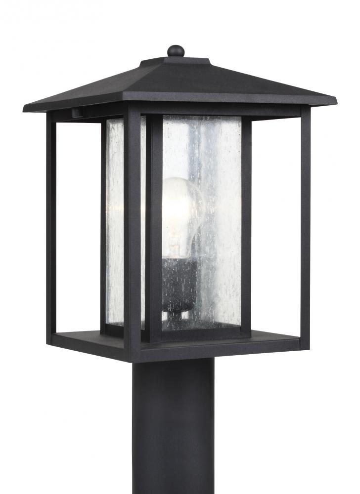 Hunnington contemporary 1-light outdoor exterior post lantern in black finish with clear seeded glas