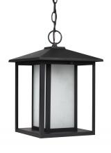 Generation Lighting Seagull 69029-12 - Hunnington contemporary 1-light outdoor exterior pendant in black finish with etched seeded glass pa