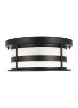 Generation Lighting Seagull 7890902-12 - Wilburn modern 2-light outdoor exterior ceiling flush mount in black finish with satin etched glass