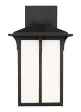 Generation Lighting Seagull 8552701-12 - Tomek modern 1-light outdoor exterior small wall lantern sconce in black finish with etched white gl