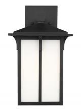 Generation Lighting Seagull 8652701-12 - Tomek modern 1-light outdoor exterior medium wall lantern sconce in black finish with etched white g