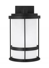 Generation Lighting Seagull 8690901-12 - Wilburn modern 1-light outdoor exterior medium wall lantern sconce in black finish with satin etched