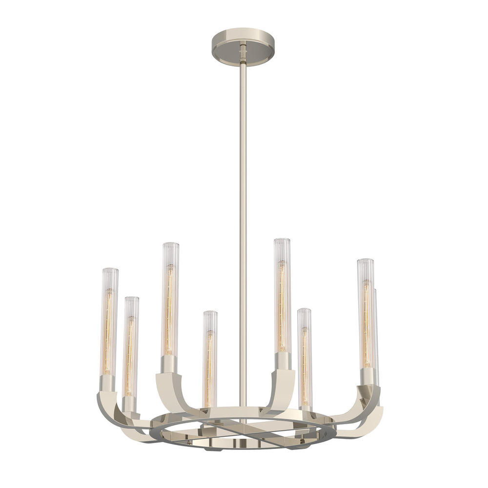 FLUTE 8 LIGHT CHANDELIER POLISHED NICKEL CLEAR RIBBED GLASS