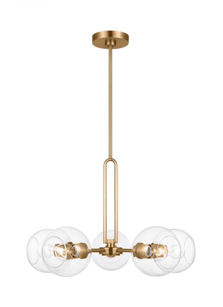Codyn contemporary 5-light indoor dimmable medium chandelier in satin brass gold finish with clear g