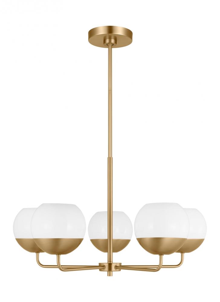 Alvin modern 5-light indoor dimmable chandelier in satin brass gold finish with white milk glass glo