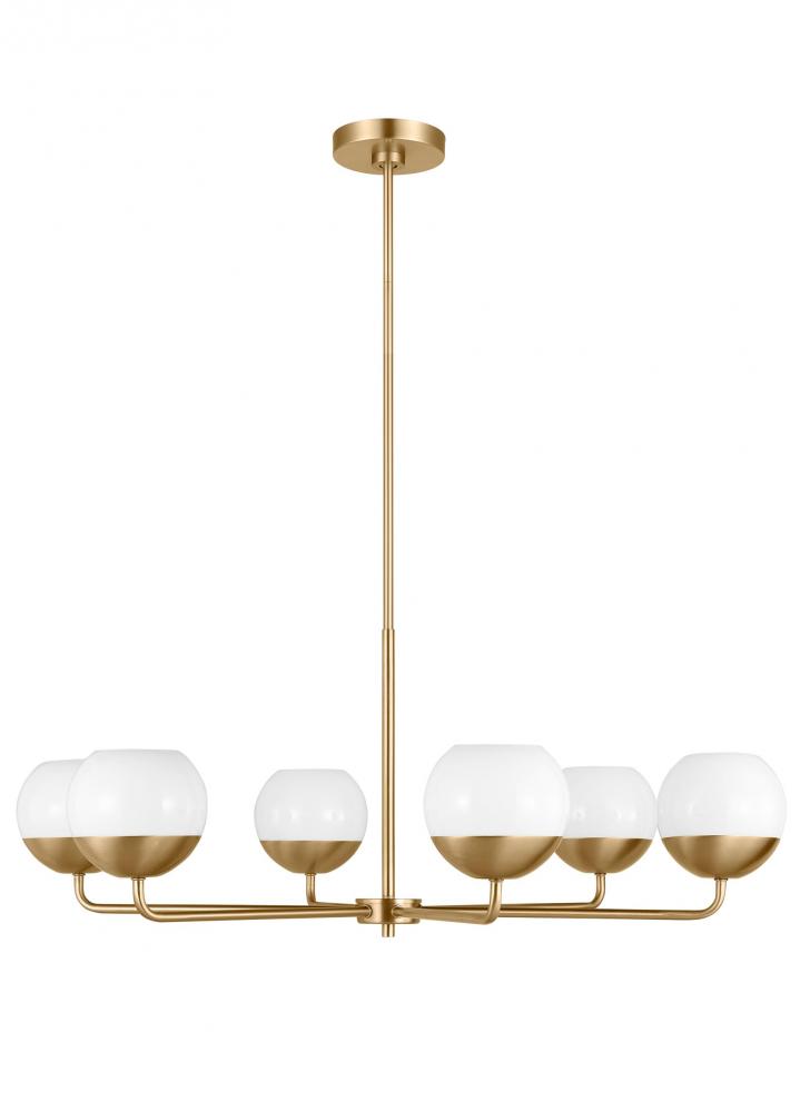 Alvin modern LED 6-light indoor dimmable chandelier in satin brass gold finish with white milk glass