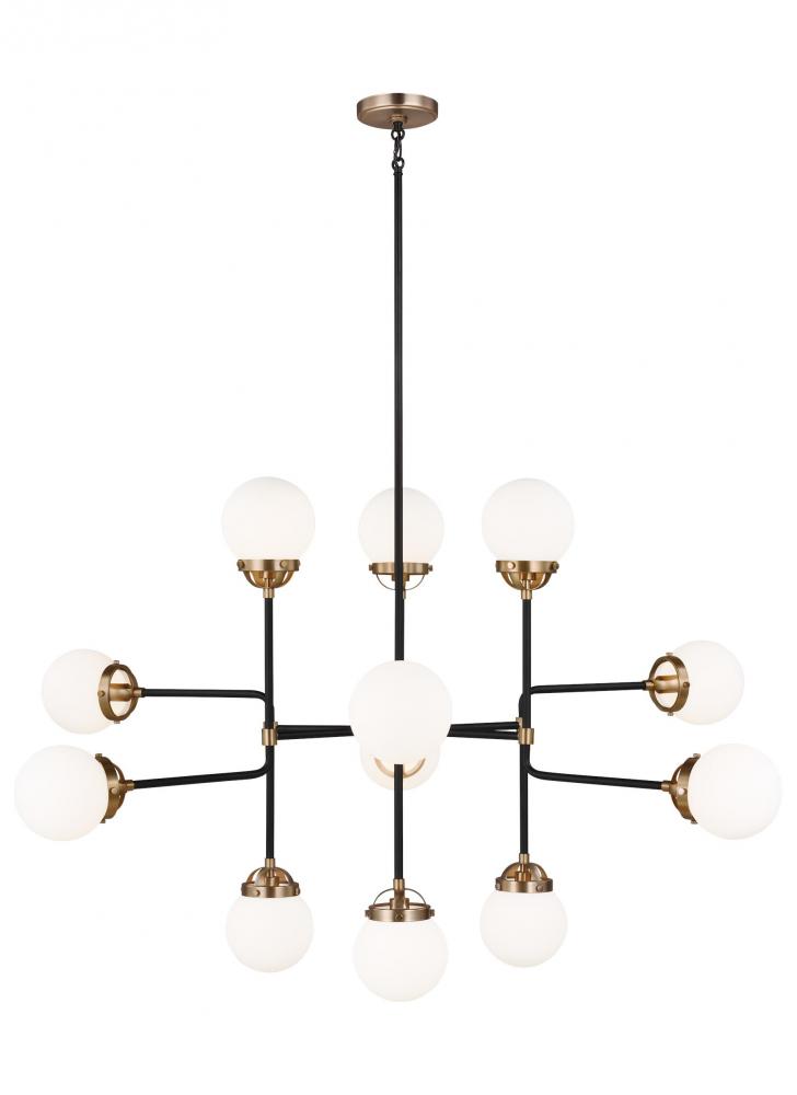 Cafe mid-century modern 12-light LED indoor dimmable ceiling chandelier pendant light in satin brass