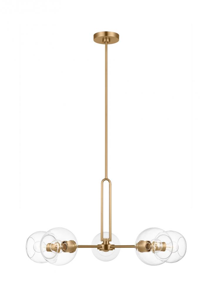 Codyn contemporary 5-light indoor dimmable large chandelier in satin brass gold finish with clear gl