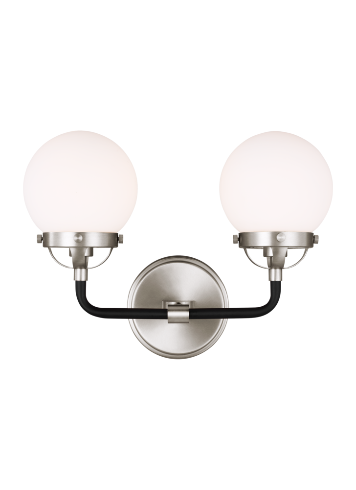 Cafe mid-century modern 2-light LED indoor dimmable bath vanity wall sconce in brushed nickel silver