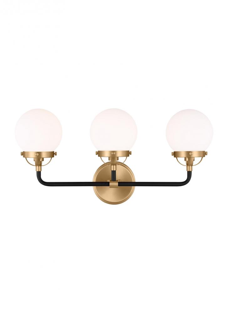 Cafe mid-century modern 3-light indoor dimmable bath vanity wall sconce in satin brass gold finish w