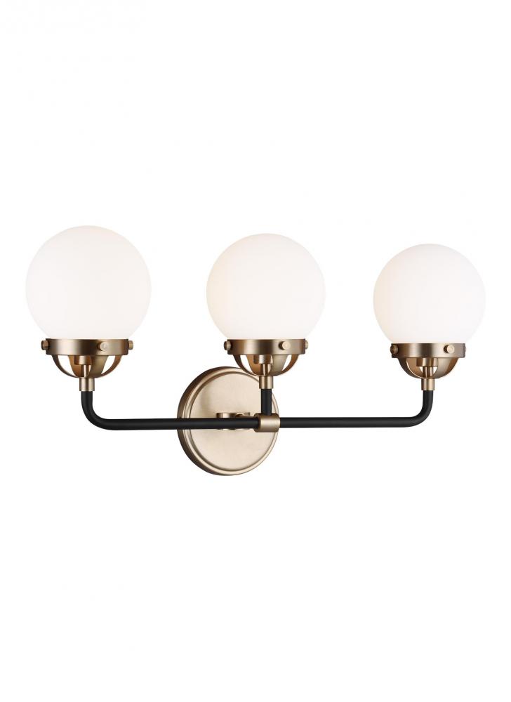Cafe mid-century modern 3-light LED indoor dimmable bath vanity wall sconce in satin brass gold fini