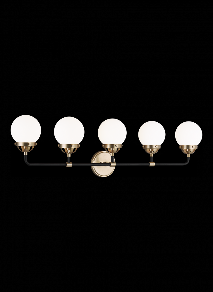 Cafe mid-century modern 5-light LED indoor dimmable bath vanity wall sconce in satin brass gold fini