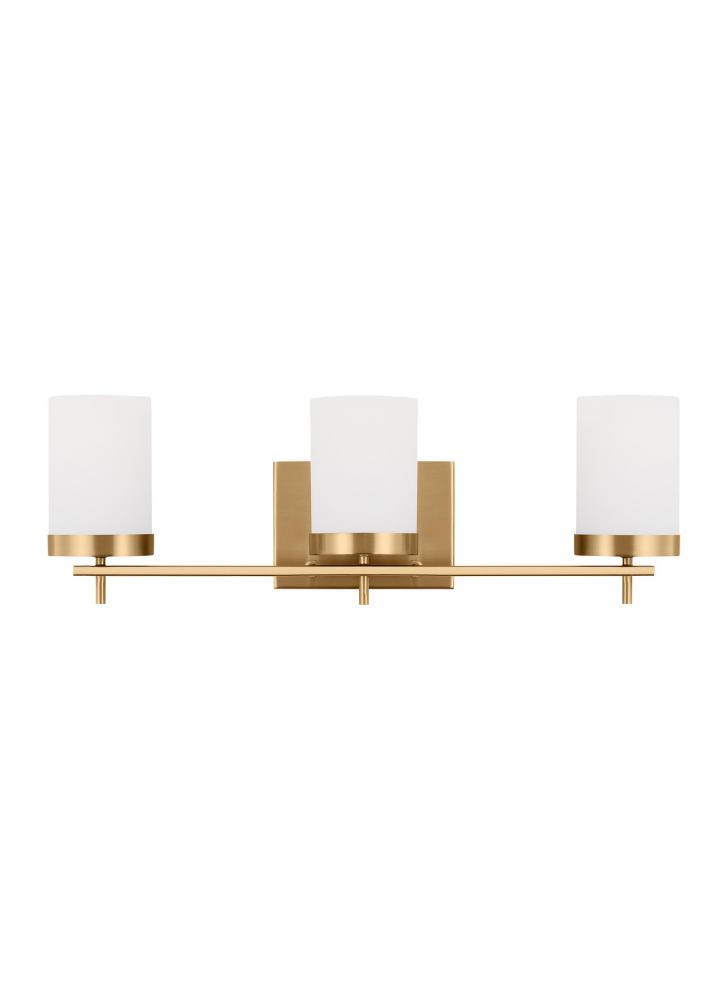 Zire dimmable indoor 3-light wall light or bath sconce in a satin brass finish with etched white gla