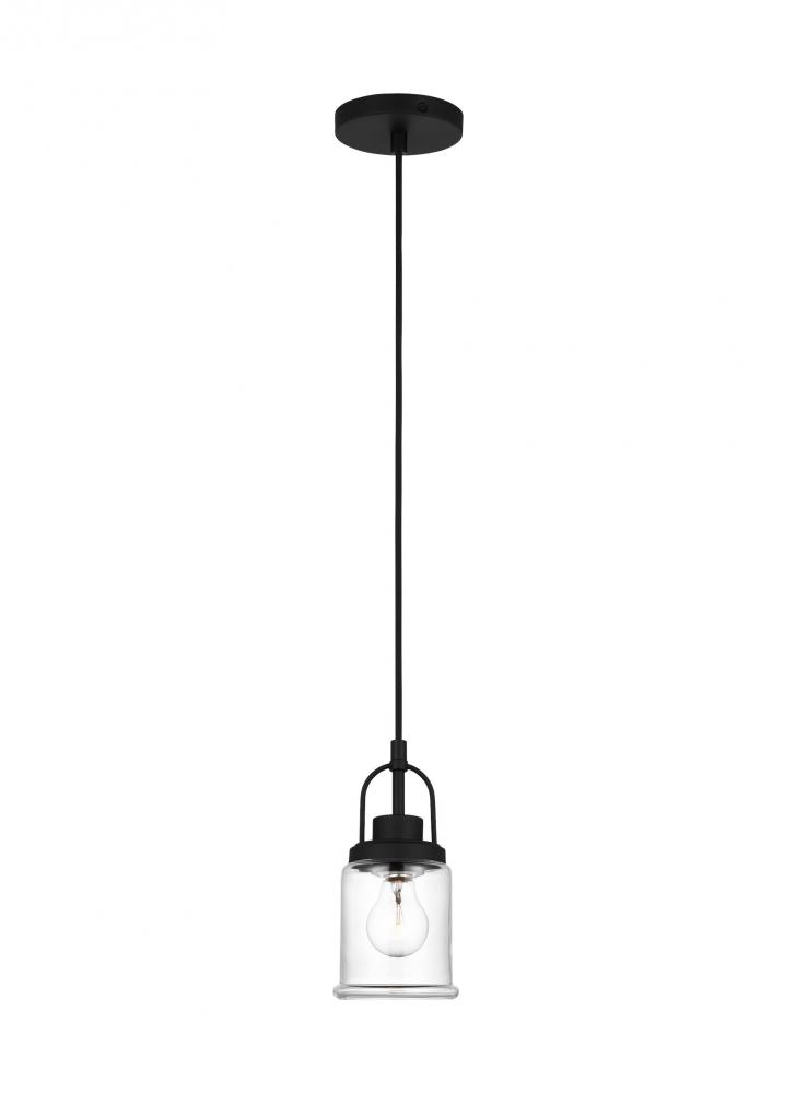 Anders industrial 1-light indoor dimmable mini pendant in midnight black finish with clear glass sha