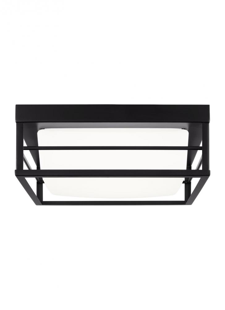 Dearborn modern 1-light LED indoor small ceiling flush mount in midnight black finish with etched wh