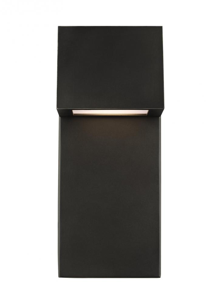 Rocha modern 1-light LED outdoor small wall lantern in antique bronze finish with satin-etched glass