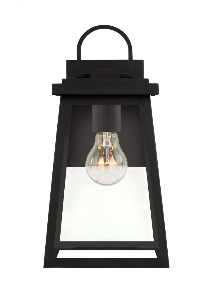 Founders modern 1-light outdoor exterior medium wall lantern sconce in black finish with clear glass