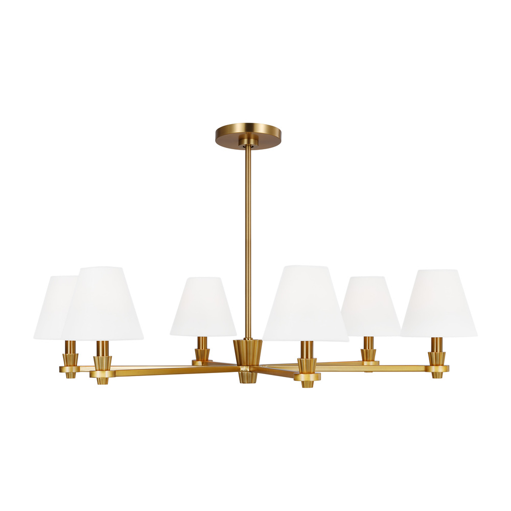 Paisley transitional dimmable indoor large 6-light chandelier in a burnished brass finish with white