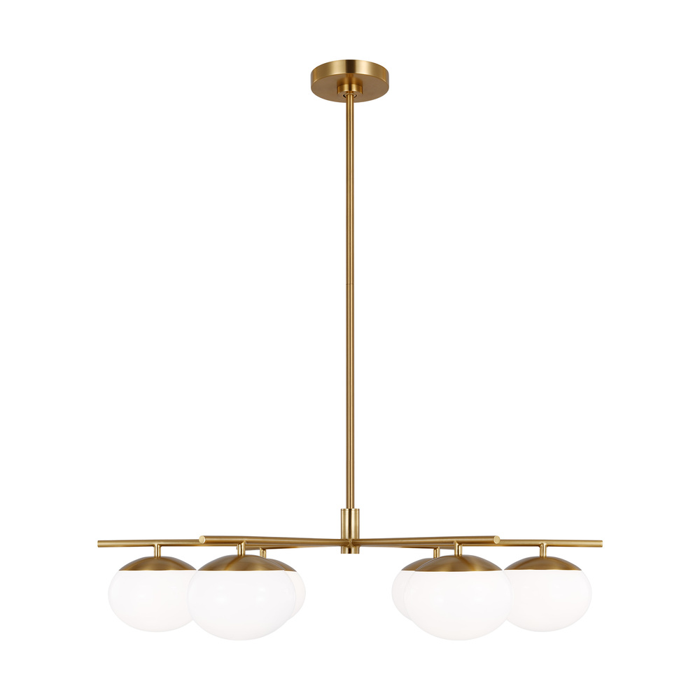Lune modern large indoor dimmable 6-light chandelier in a burnished brass finish and milk white glas