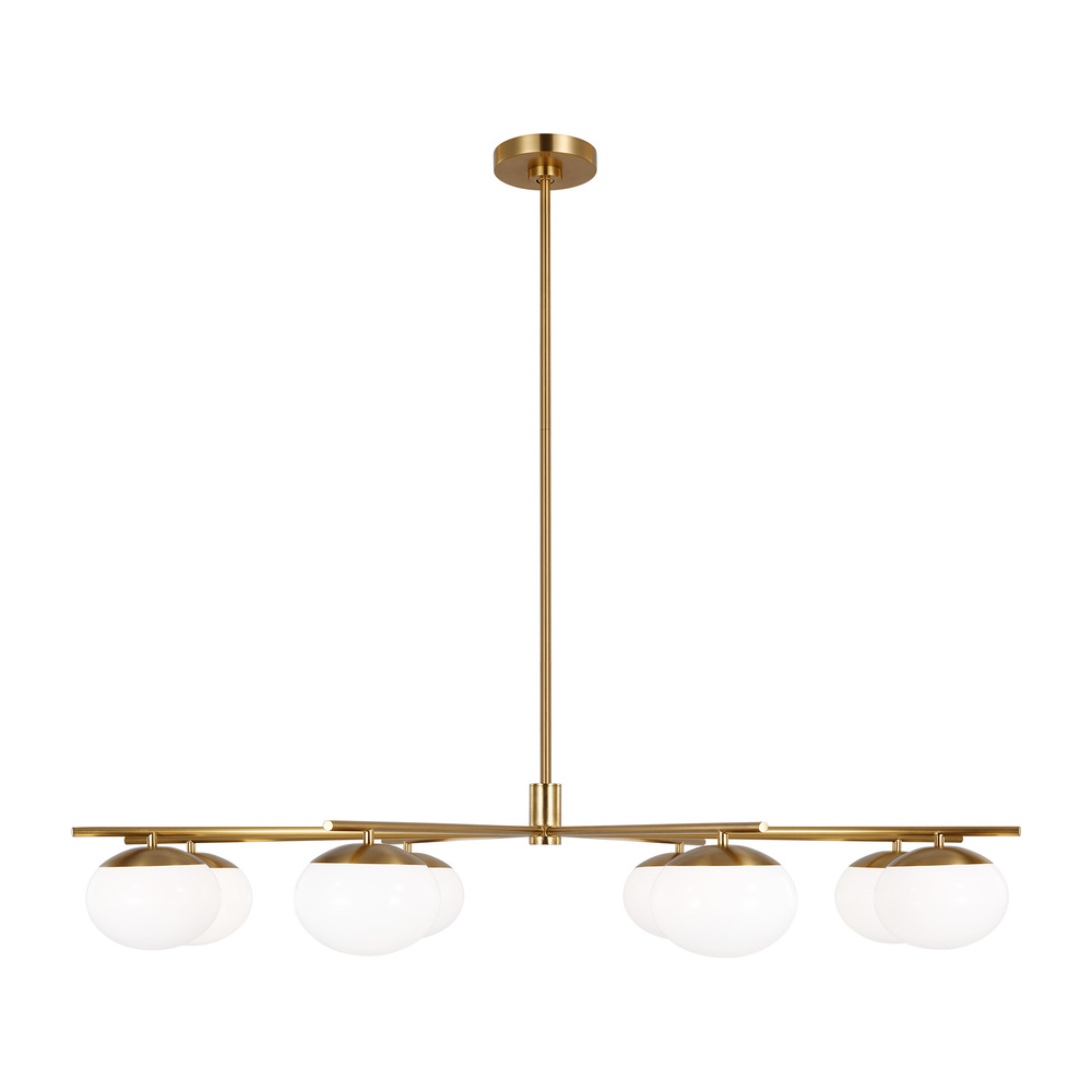 Lune modern extra large indoor dimmable eight light chandelier in a burnished brass finish and milk