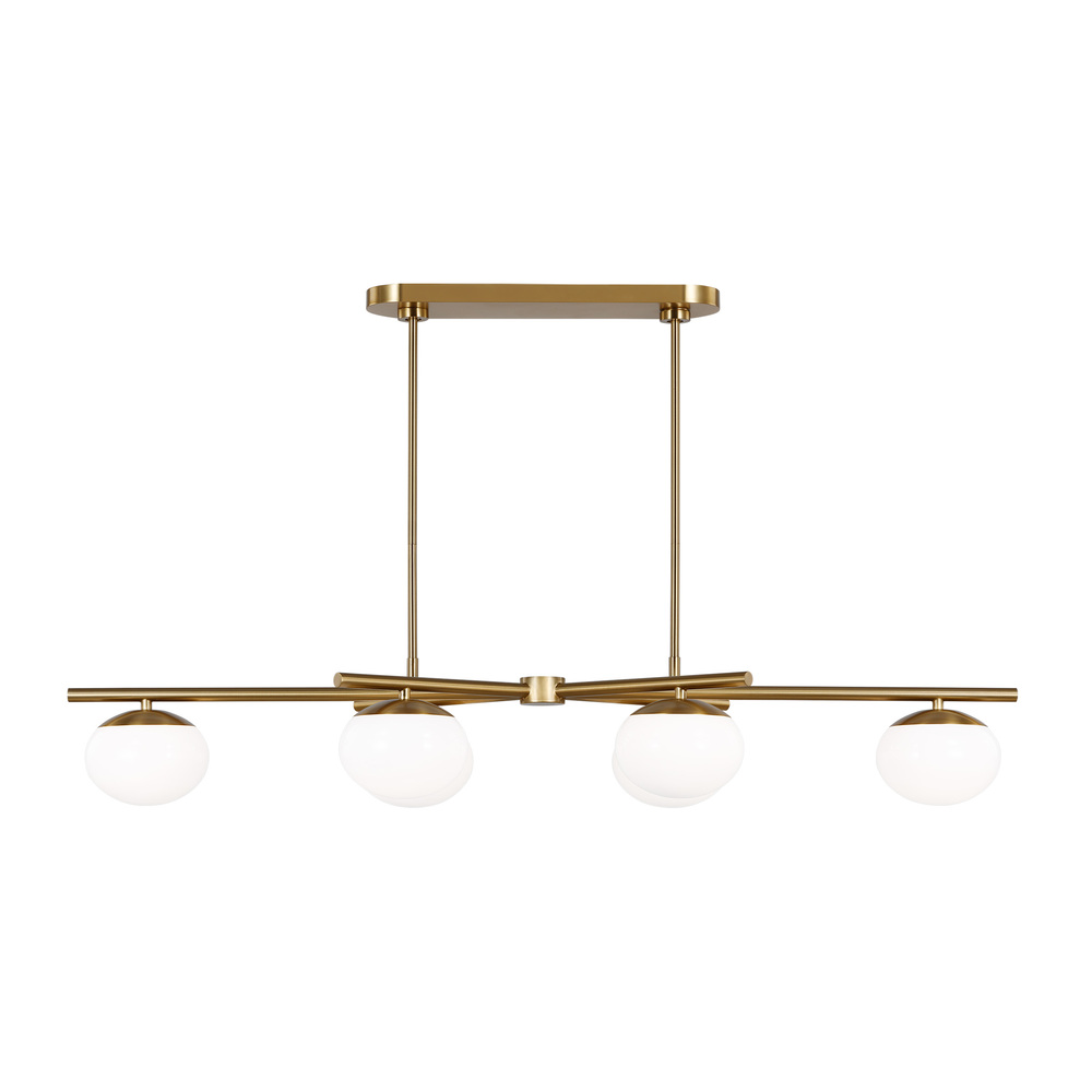 Lune modern medium indoor dimmable 4-light linear chandelier in a burnished brass finish and milk wh