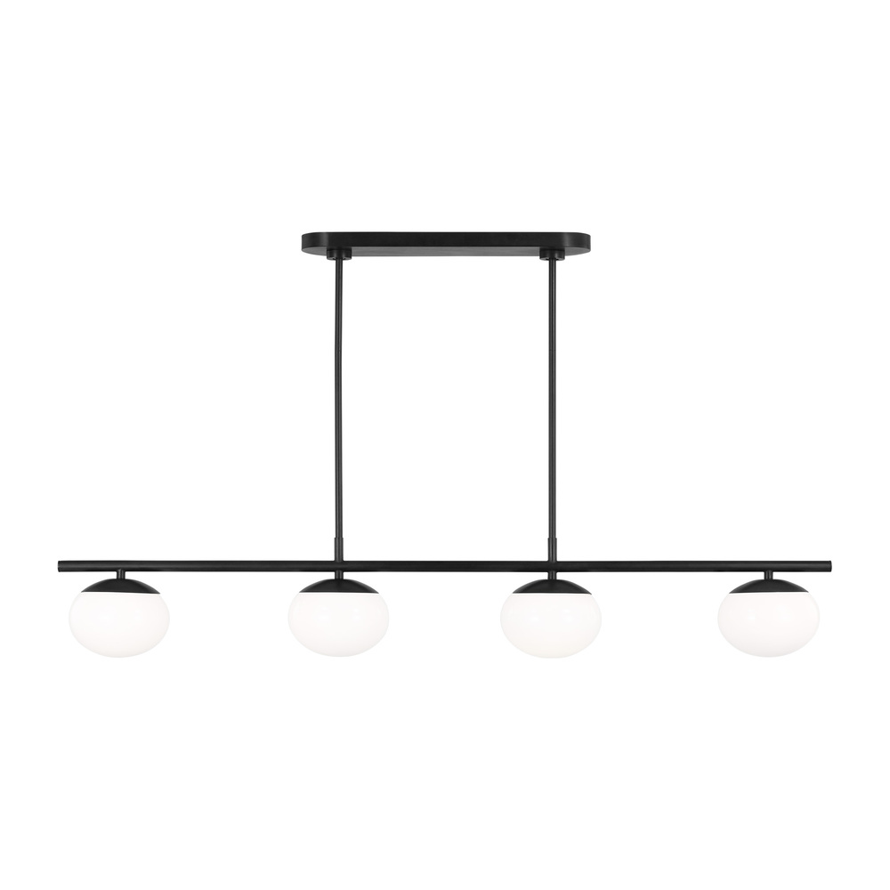 Lune modern large indoor dimmable 6-light linear chandelier in an aged iron finish and milk white gl
