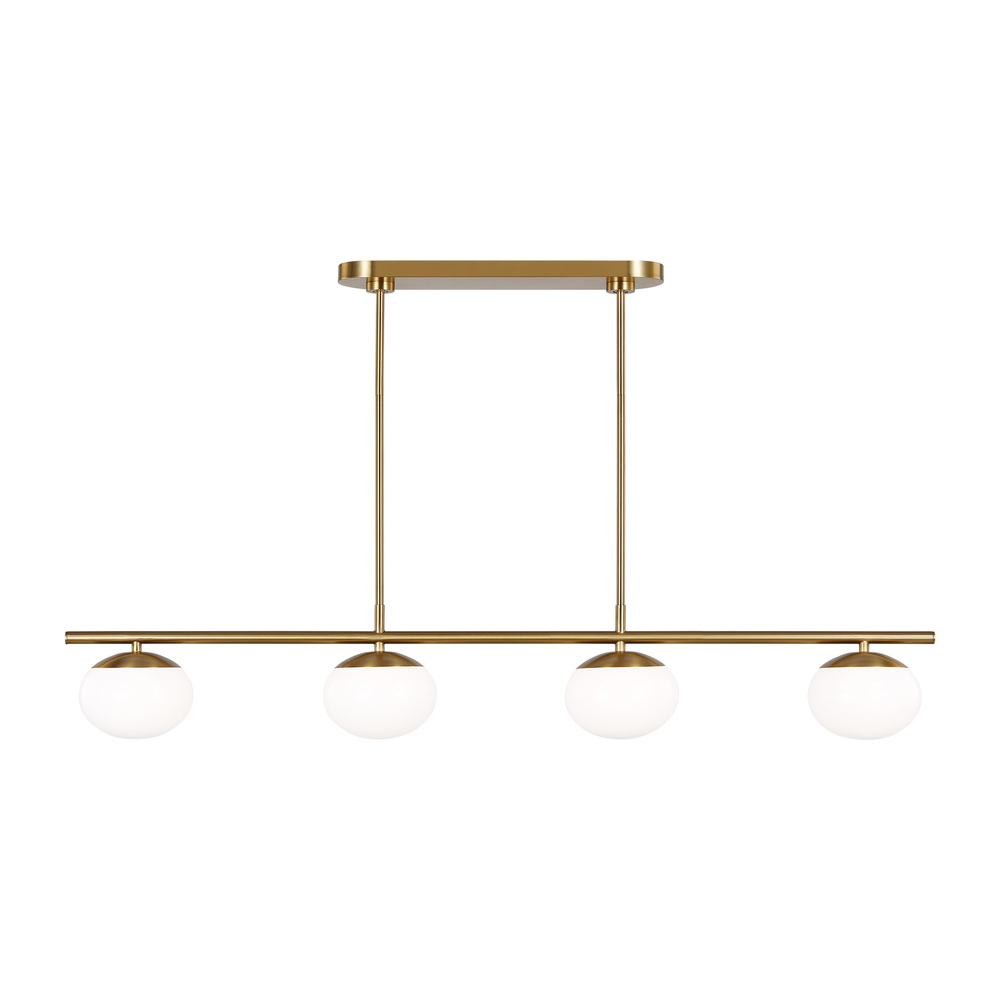 Lune modern large indoor dimmable 6-light linear chandelier in a burnished brass finish and milk whi