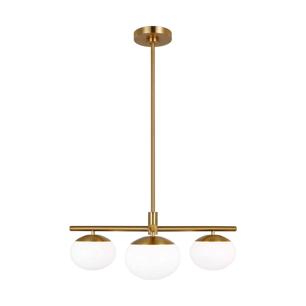 Lune modern indoor dimmable 3-light semi-flush mount in a burnished brass finish and milk white glas