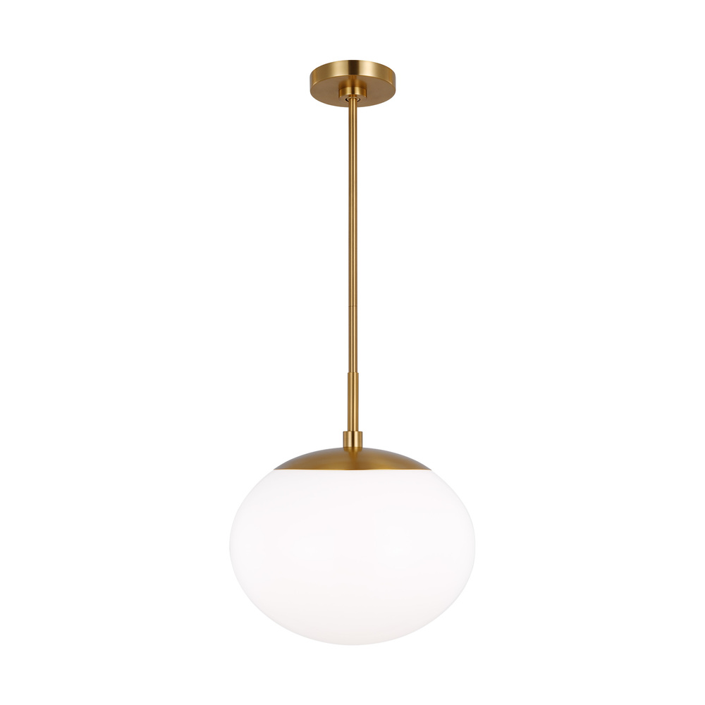 Lune modern mid-century large indoor dimmable 1-light pendant in a burnished brass finish and milk w