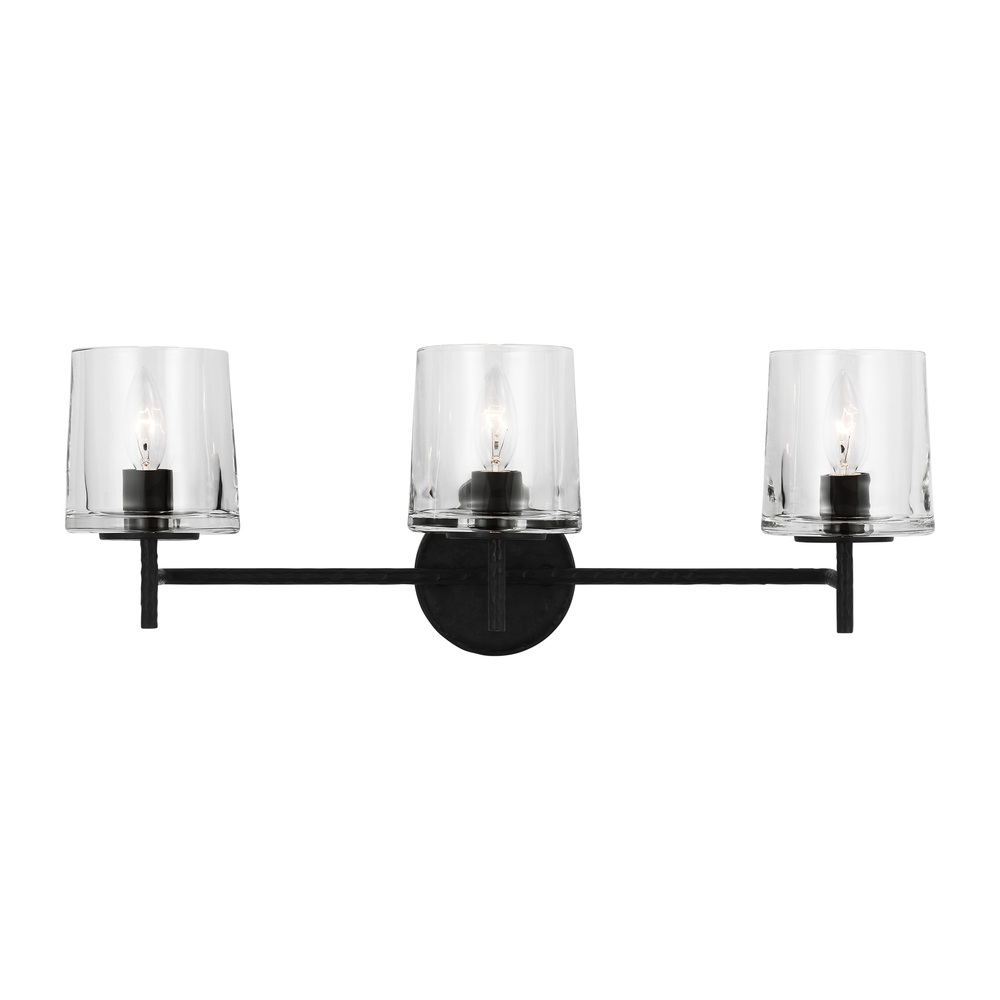 Marietta industrial indoor dimmable 3-light vanity in an aged iron finish with a clear glass shade