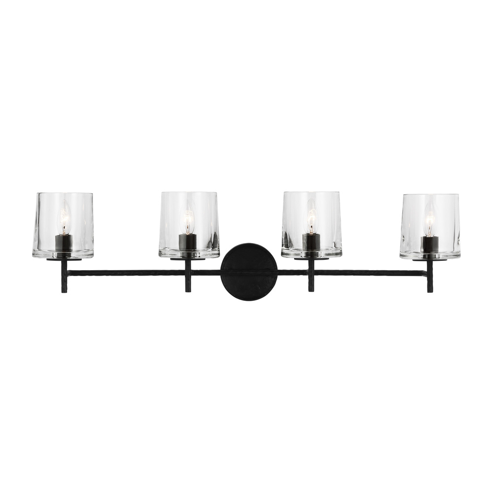 Marietta industrial indoor dimmable 4-light vanity in an aged iron finish with a clear glass shade