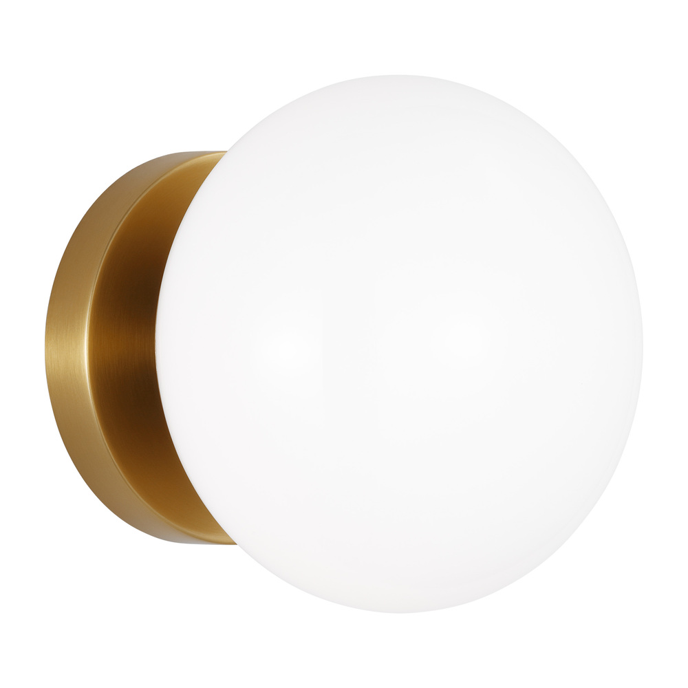 Lune mid-century indoor dimmable 1-light sconce in a burnished brass finish with a milk white glass