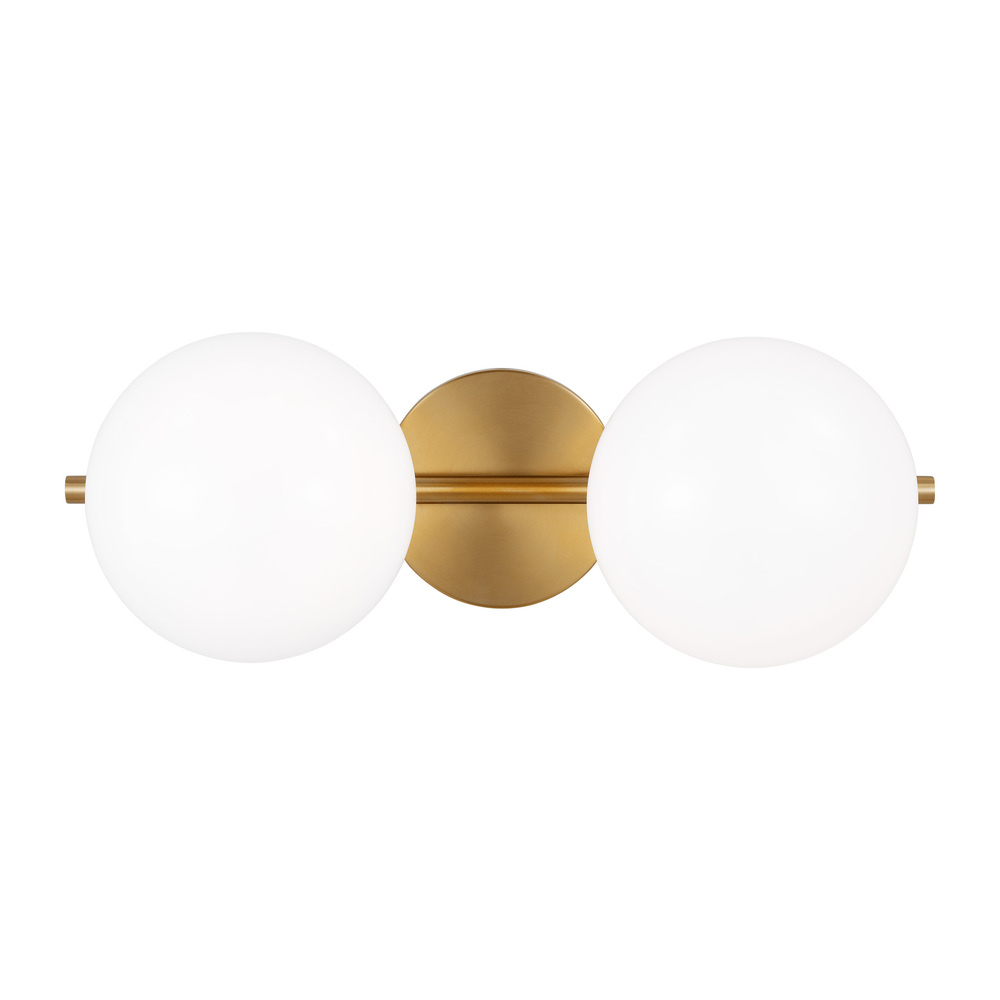 Lune mid-century indoor dimmable 2-light vanity in a burnished brass finish with a milk white glass
