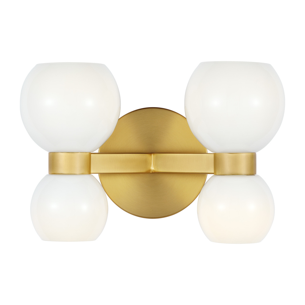 Londyn modern indoor dimmable double sconce wall fixture in a burnished brass finish with milk white
