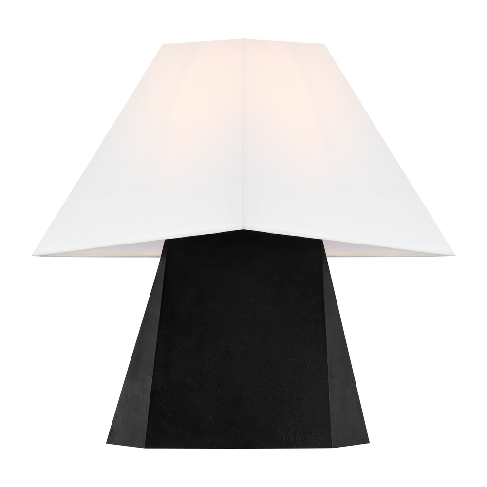 Herrero modern 1-light LED medium table lamp in aged iron grey finish with white linen fabric shade