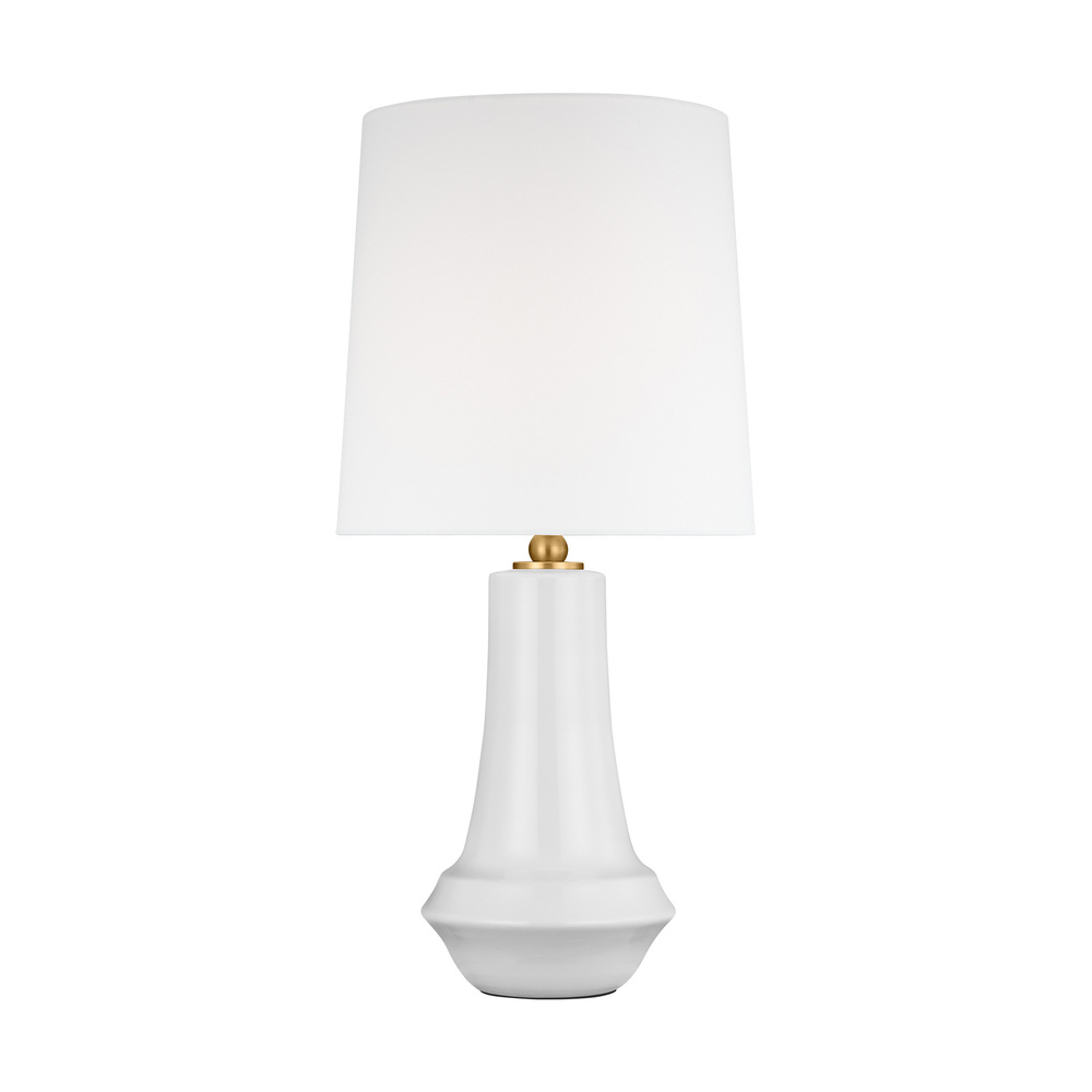 Jenna contemporary 1-light LED medium table lamp in new white finish with white linen fabric shade